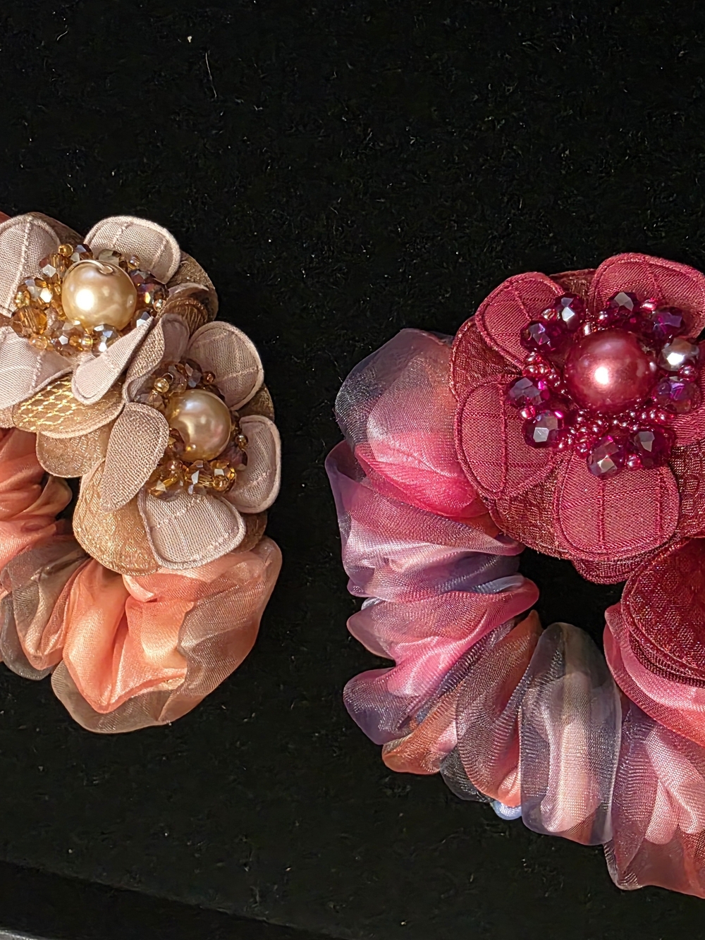 Decorative Floral Scrunchie Duo in Pink and Peach